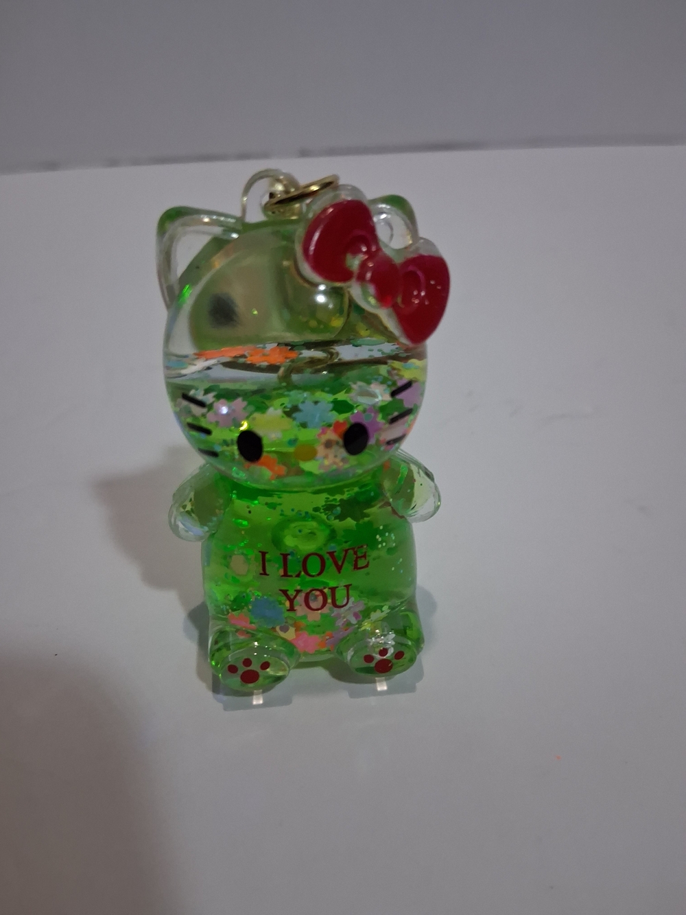 Green Glitter Kitty Keychain with Red Bow